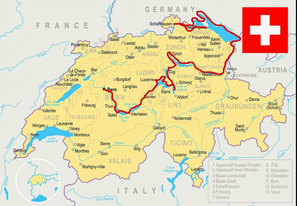 The plotted route of Alex and Olga. From Lake Constance to Bern